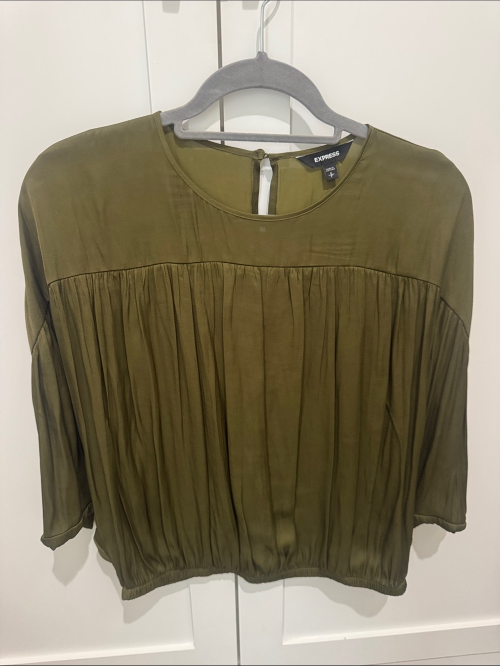 Express Olive Green Pleated Blouse with Keyhole Back